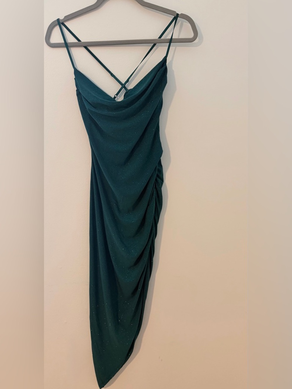 Windsor Emerald spaghettis strap Green High-Low Draped Skirt with Subtle Sparkle